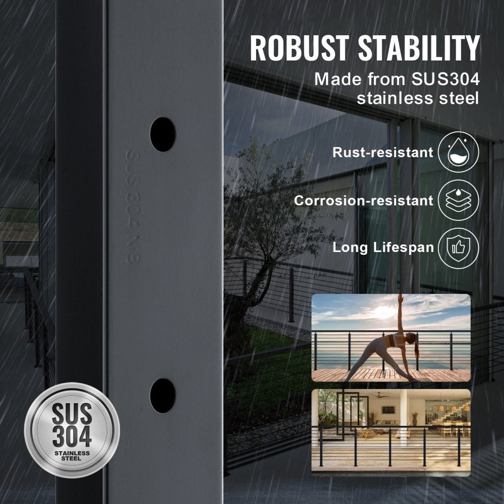 42-inch black stainless steel cable railing post made from SUS304, rust-resistant with long lifespan.