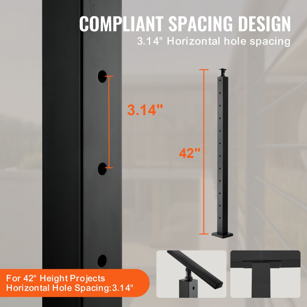 42-inch black stainless steel cable railing post with 3.14-inch horizontal hole spacing for 42-inch height projects.