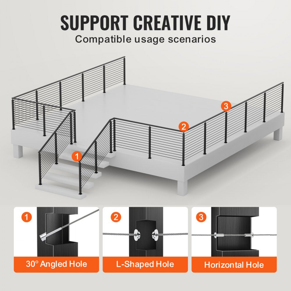 Diagram of 42-inch black stainless steel cable railing posts installed on a deck with stairs, showing 30-degree, L-shaped, and horizontal hole options.