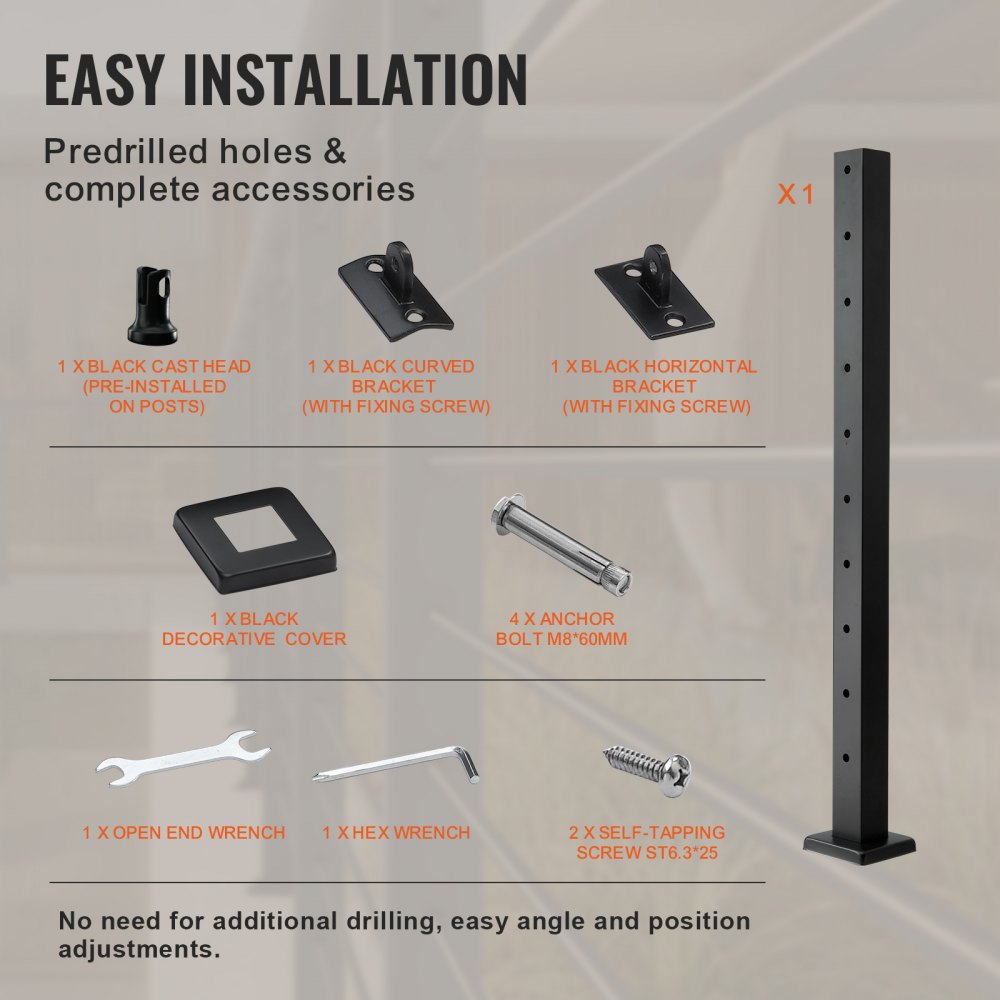 42-inch black stainless steel cable railing post with easy-install brackets, anchors, and tools.