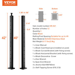 42-inch black stainless steel cable railing post with side, bottom, and bracket views.