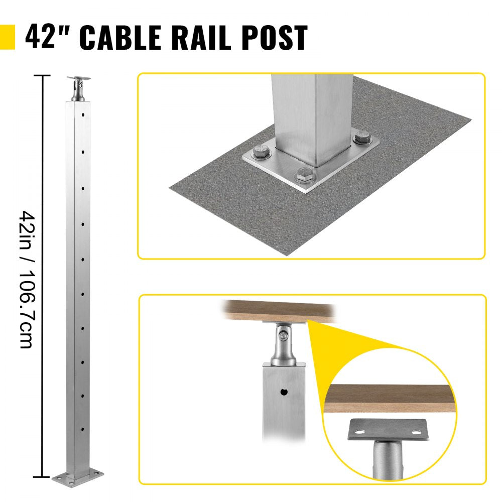 Bostome 42" stainless steel cable railing post with durable brushed finish and adjustable bracket.
