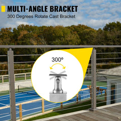 Stainless steel cable railing post with adjustable bracket for stairs and decks.