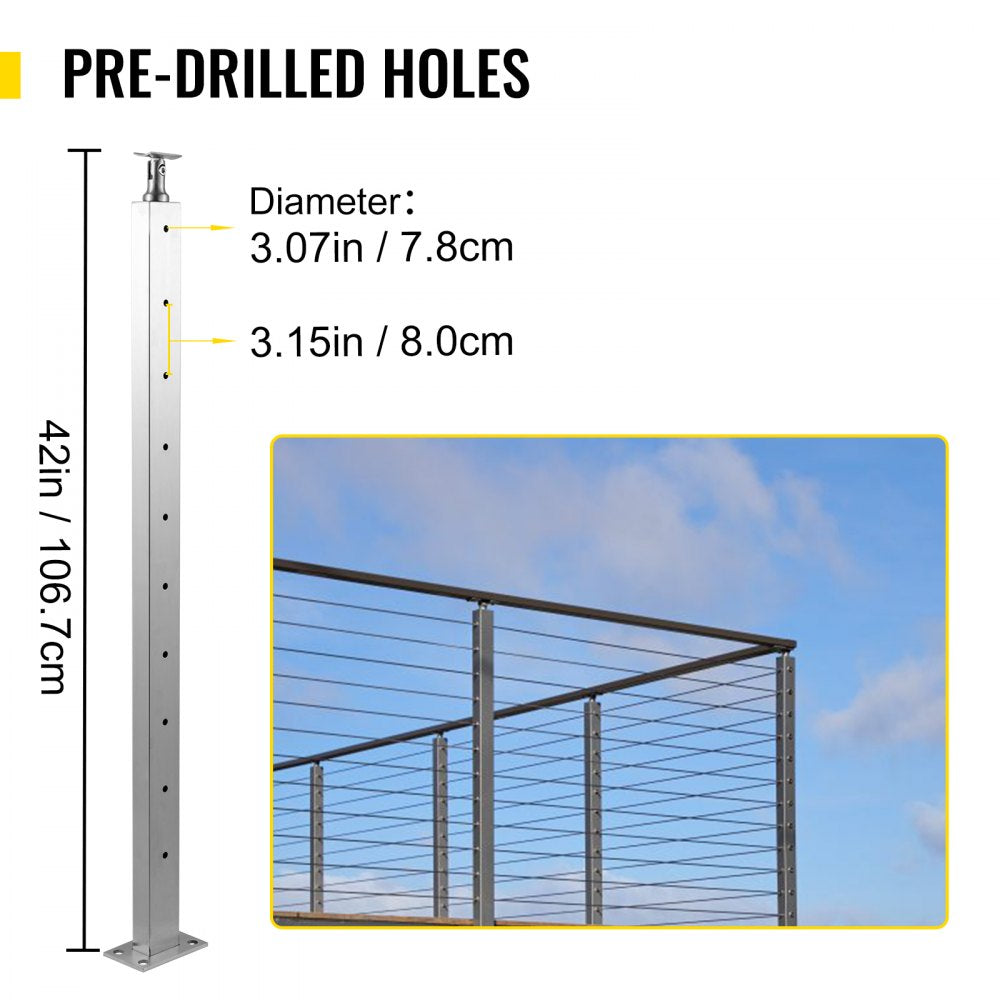 Stainless steel cable railing post with adjustable bracket and pre-drilled holes for easy installation.