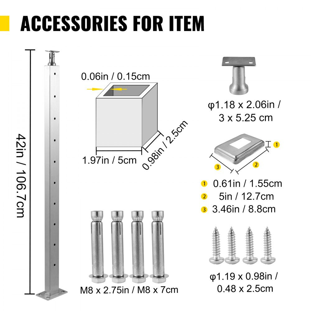 Bostome 42" stainless steel cable railing post with durable brushed finish and adjustable bracket.
