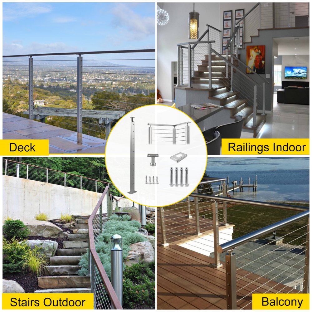 Bostome 42" stainless steel cable railing post with adjustable bracket and durable finish.