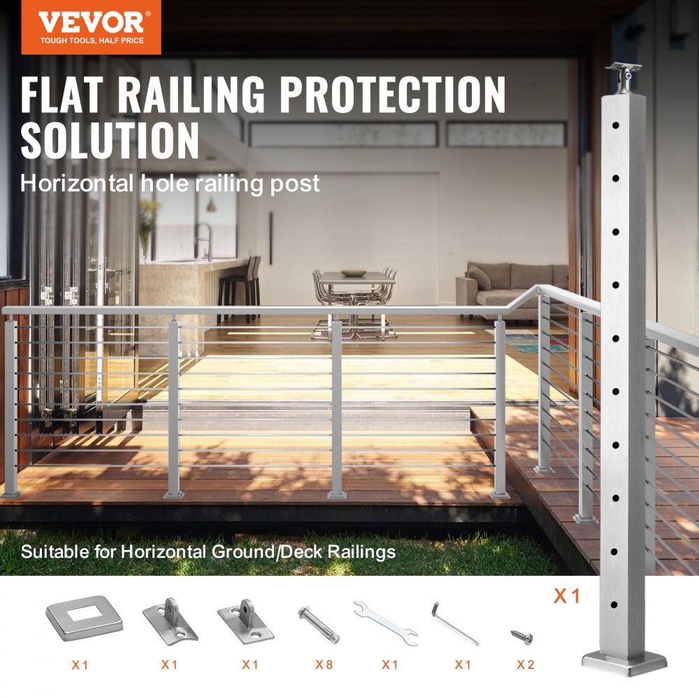 Stainless steel 36" cable railing post with brushed finish for deck and stair safety.
