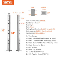 Stainless steel 36" cable railing post with brushed finish, adjustable bracket, and pre-drilled holes.