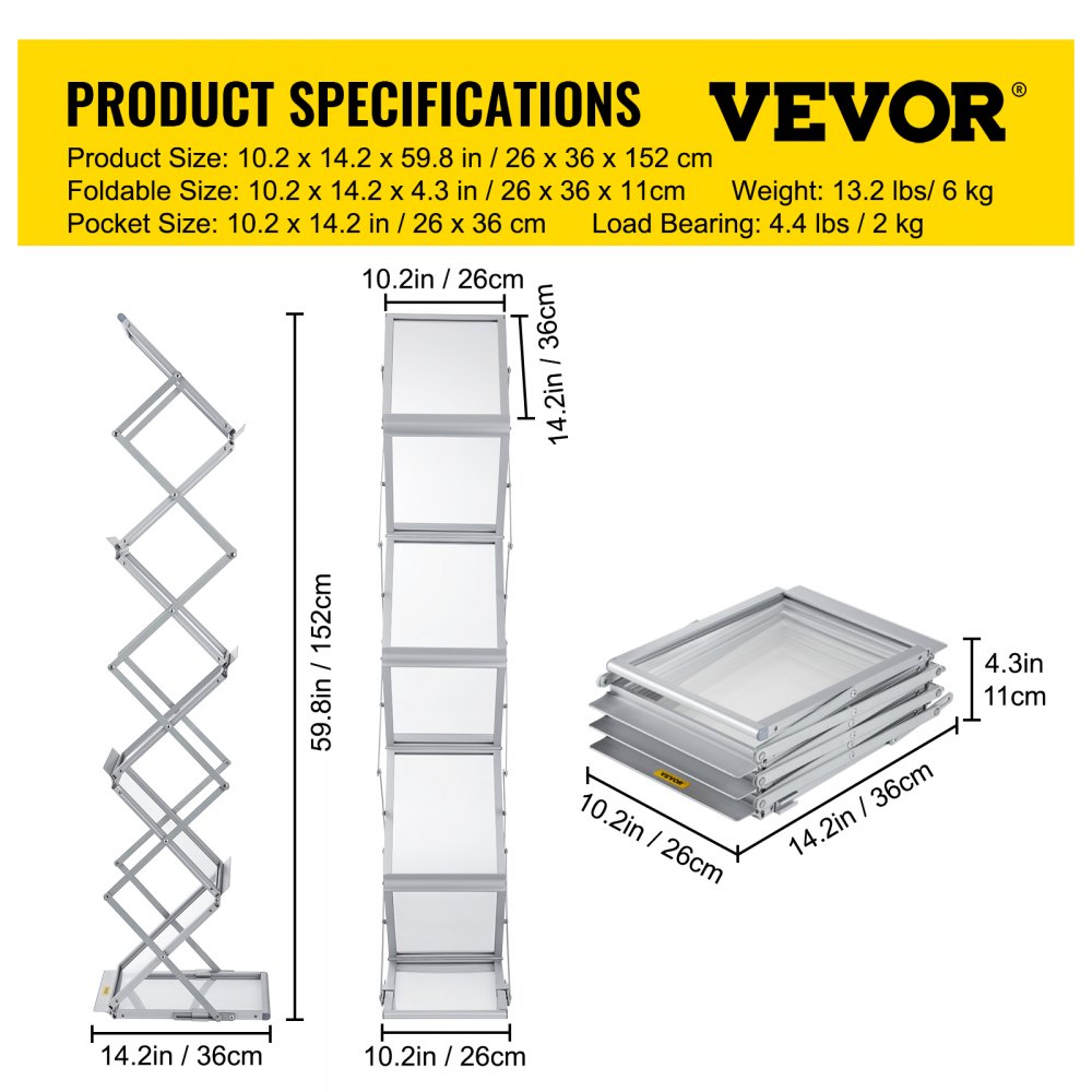 Literature Rack, 6 Pockets, Pop up Aluminum Magazine Rack, Lightweight Catalog Holder Stand w/Carrying Bag for Living Room, Hotel, Trade Show, Exhibition, Office