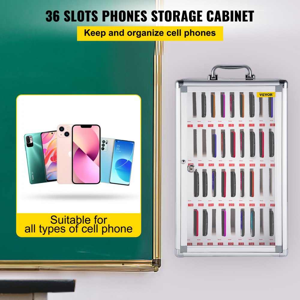 36 Slots Cell Phone Cabinet Silver Aluminum Alloy Pocket Chart Storage Locker Box w/Portable Handle, Key Lock & Handwritten Tags, Wall Mounted for Classroom, Office, Gym
