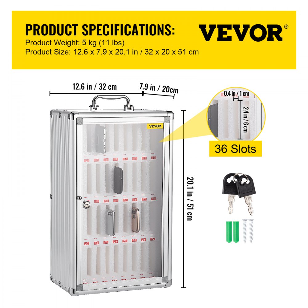 36 Slots Cell Phone Cabinet Silver Aluminum Alloy Pocket Chart Storage Locker Box w/Portable Handle, Key Lock & Handwritten Tags, Wall Mounted for Classroom, Office, Gym