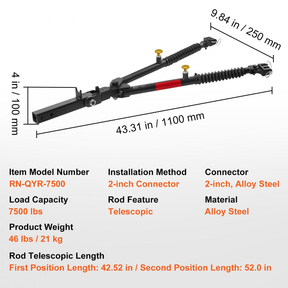 Tow Bar Bumper Mount Tow Bar 7500 lbs Fits 2-inch Connector with Ropes