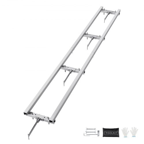 9 ft aluminum adjustable chainsaw mill rail guide with cross-beams, clamps, and tools.