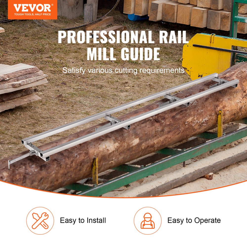 9 ft aluminum adjustable chainsaw mill rail guide with cross-beams on log.