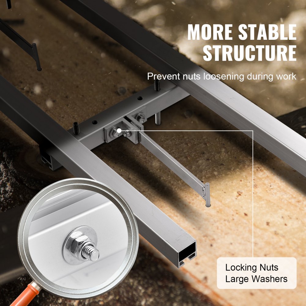 9 ft aluminum chainsaw mill rail guide with adjustable frame, locking nuts, and large washers.
