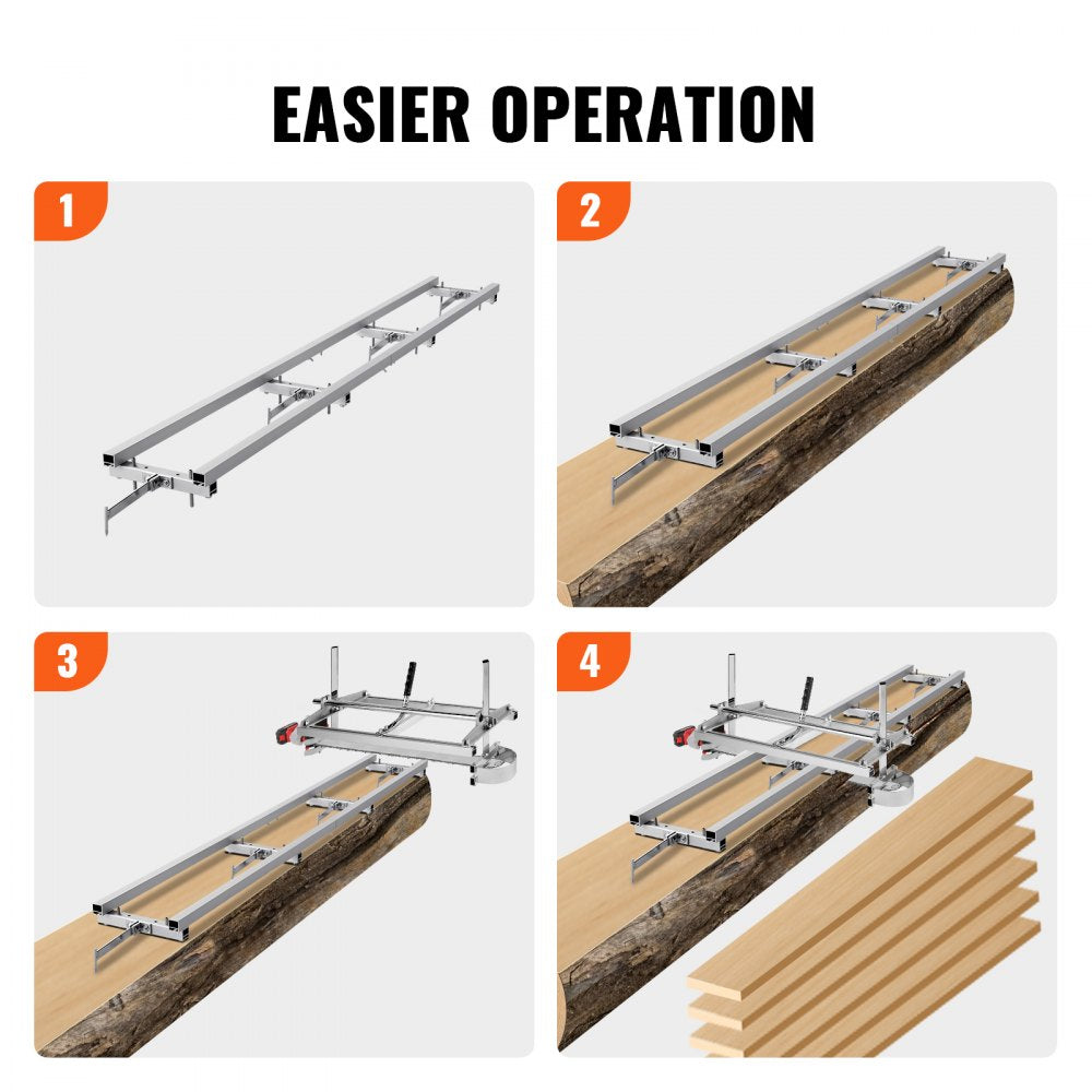 Aluminum adjustable chainsaw mill rail guide shown in four steps on a log and wood planks.