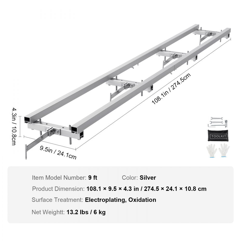 Silver 9 ft aluminum adjustable chainsaw mill rail guide with cross-beams and clamps.