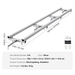 Silver 9 ft aluminum adjustable chainsaw mill rail guide with cross-beams and clamps.