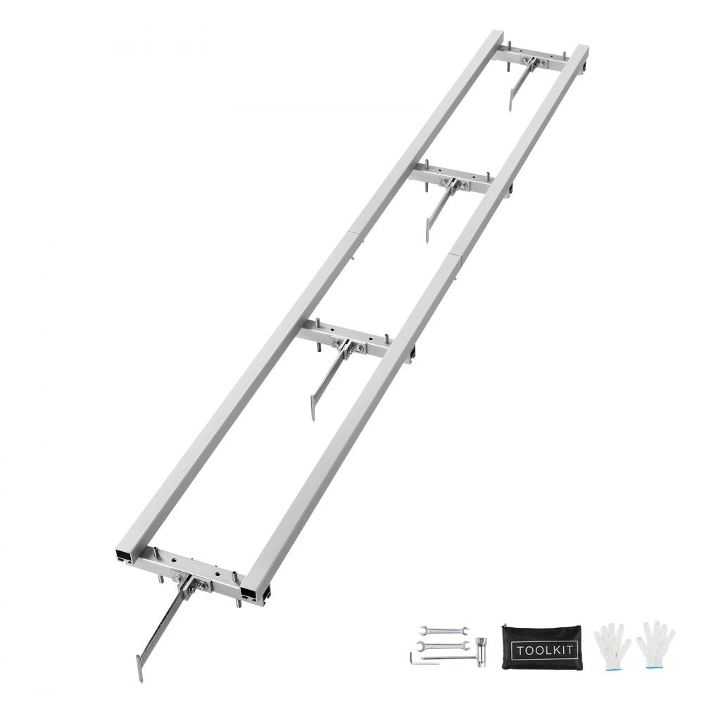 9 ft anodized aluminum chainsaw mill rail guide with adjustable clamps and cross-beams.