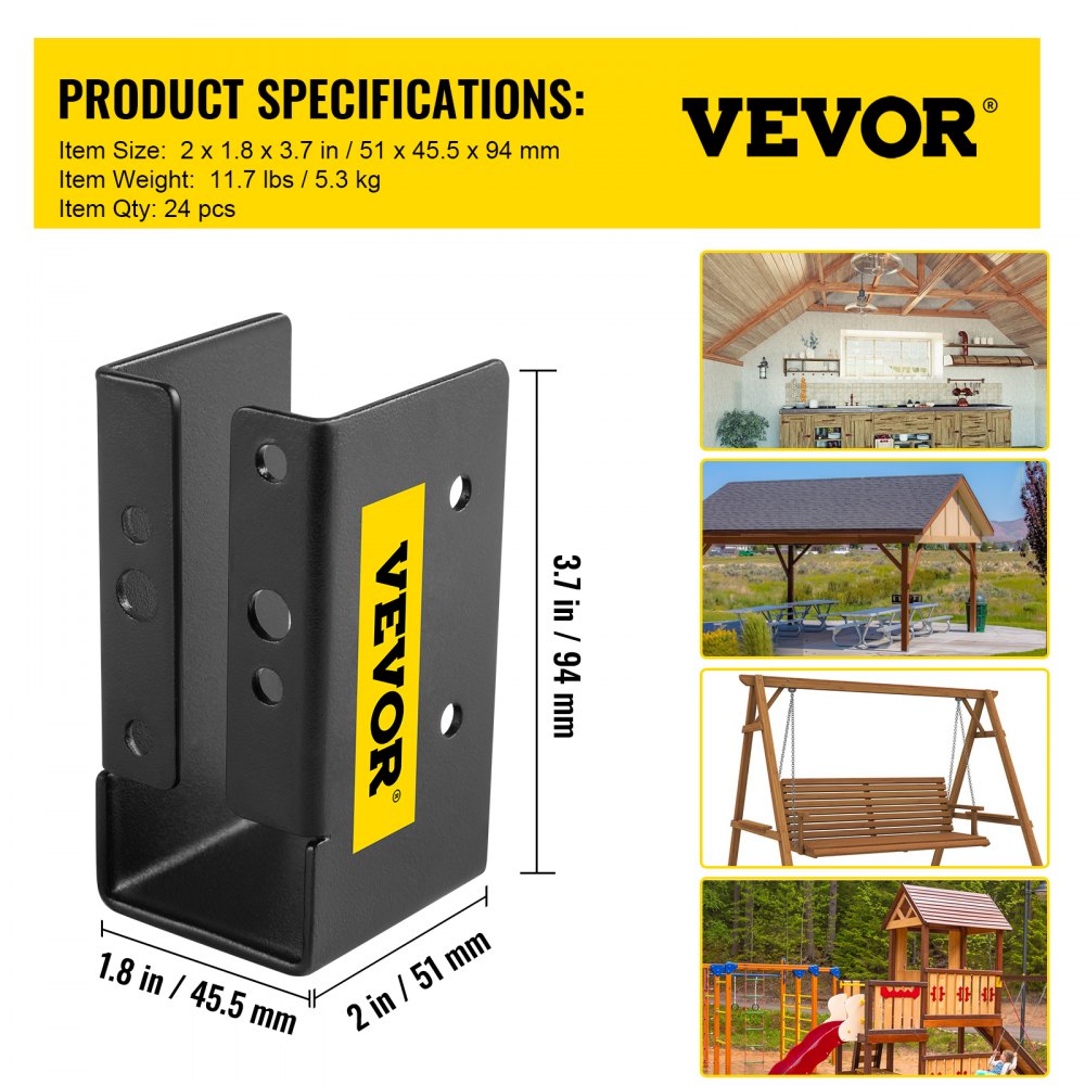 Concealed Joist Hanger, 2"x4" Outdoor Accent Concealed-Flange, Pack of 24 Concealed Joist Bracket, Q235 Steel Plate Powder-Coated Concealed Face Mount Joist Hanger for 2"x4" Beam Swing, 3.7"