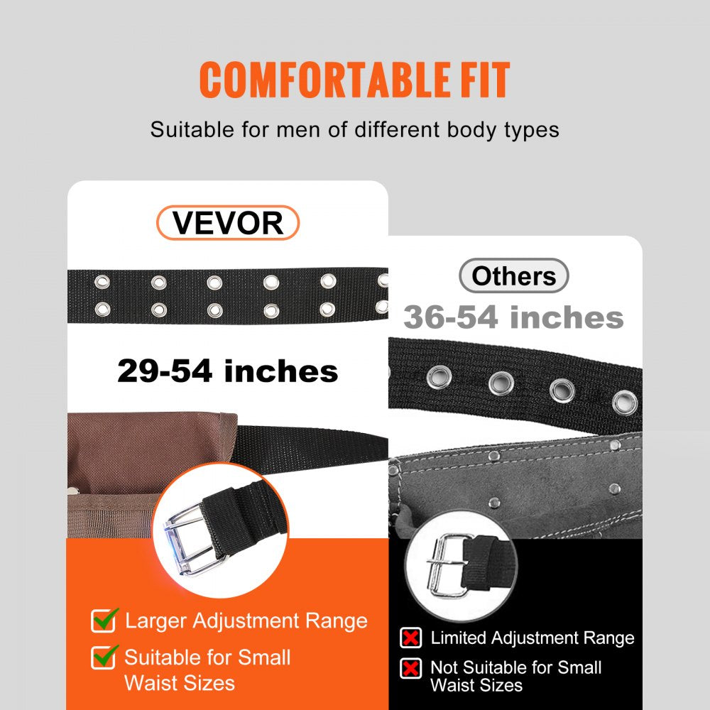 Tool Belt, Adjusts from 29 Inches to 54 Inches, Polyester Heavy Duty Tool Pouch Bag, Detachable Tool Bag for Electrician, Carpenter, Handyman, Woodworker, Construction, Framer, Brown