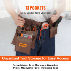 Tool Belt, Adjusts from 29 Inches to 54 Inches, Polyester Heavy Duty Tool Pouch Bag, Detachable Tool Bag for Electrician, Carpenter, Handyman, Woodworker, Construction, Framer, Brown
