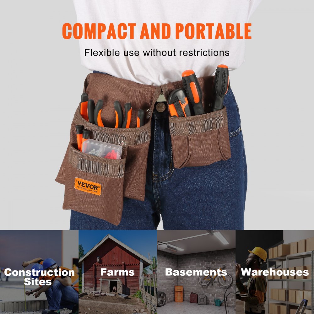 Tool Belt, Adjusts from 29 Inches to 54 Inches, Polyester Heavy Duty Tool Pouch Bag, Detachable Tool Bag for Electrician, Carpenter, Handyman, Woodworker, Construction, Framer, Brown