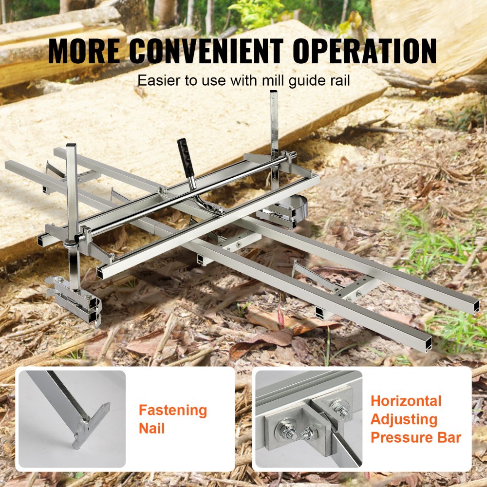 Bostome Portable Chainsaw Mill with 9ft aluminum rail guide for precise lumber cutting.