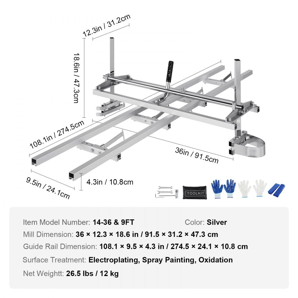 Bostome portable chainsaw mill with 9ft aluminum rail guide for precise lumber cutting.