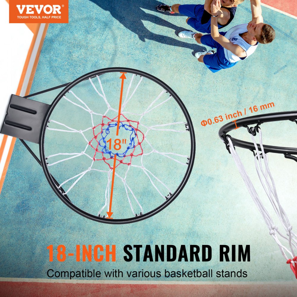 Bostome 18" heavy duty wall-mounted basketball rim with a nylon net and shock-absorption system.
