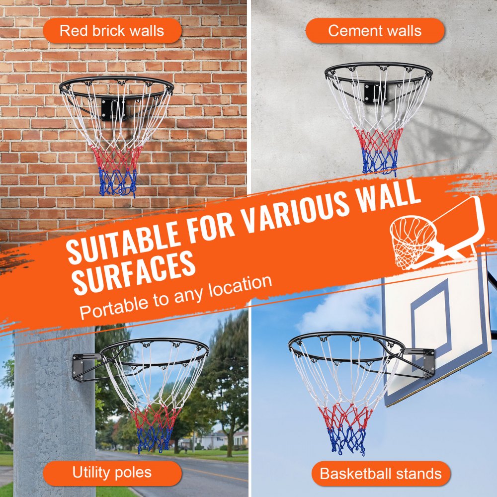 Wall-mounted 18" basketball rim with a sturdy steel structure and nylon net for practice.