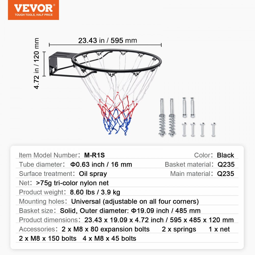 Bostome 18" heavy duty basketball rim with a flexible hoop and nylon net, wall-mounted design.