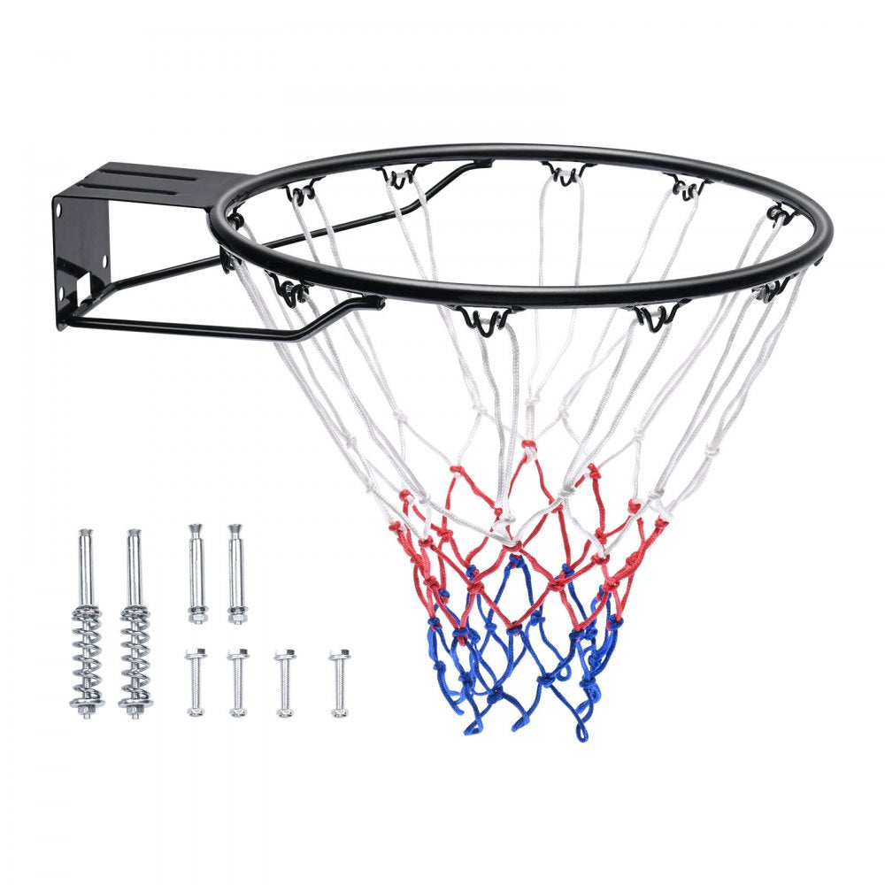 Wall-mounted 18-inch basketball rim with a sturdy carbon steel structure and nylon net.