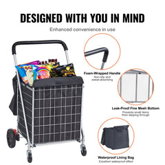 Folding Shopping Cart, 200 lbs Max Load Capacity, Grocery Utility Cart with Rolling Swivel Wheels and Bag, Heavy Duty Foldable Laundry Basket Trolley Compact Lightweight Collapsible, Silver