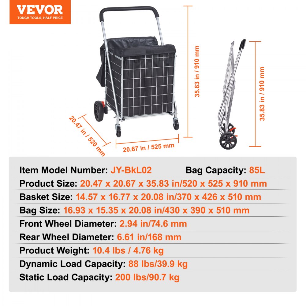Folding Shopping Cart, 200 lbs Max Load Capacity, Grocery Utility Cart with Rolling Swivel Wheels and Bag, Heavy Duty Foldable Laundry Basket Trolley Compact Lightweight Collapsible, Silver