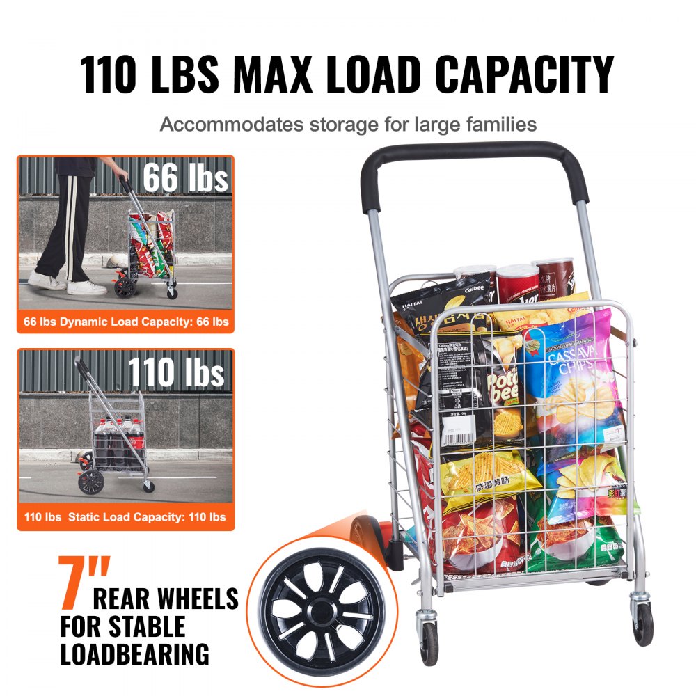 Folding Shopping Cart, 110 lbs Max Load Capacity, Grocery Utility Cart with Rolling Swivel Wheels, Heavy Duty Foldable Laundry Basket Trolley Compact Lightweight Collapsible for Luggage, Silver