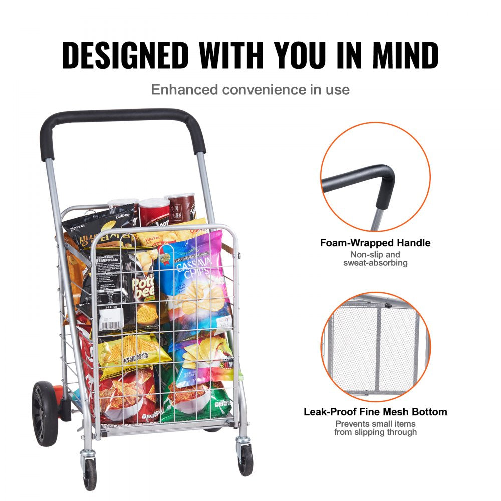 Folding Shopping Cart, 110 lbs Max Load Capacity, Grocery Utility Cart with Rolling Swivel Wheels, Heavy Duty Foldable Laundry Basket Trolley Compact Lightweight Collapsible for Luggage, Silver