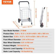 Folding Shopping Cart, 110 lbs Max Load Capacity, Grocery Utility Cart with Rolling Swivel Wheels, Heavy Duty Foldable Laundry Basket Trolley Compact Lightweight Collapsible for Luggage, Silver