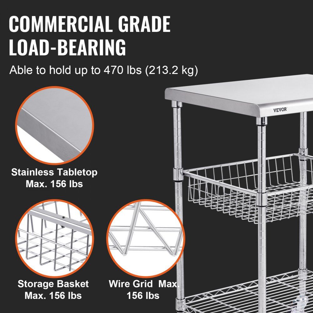 3-Tier Utility Cart Rolling Cart on Wheels 24"x20"x36.6" 470 LBS 6 Hooks