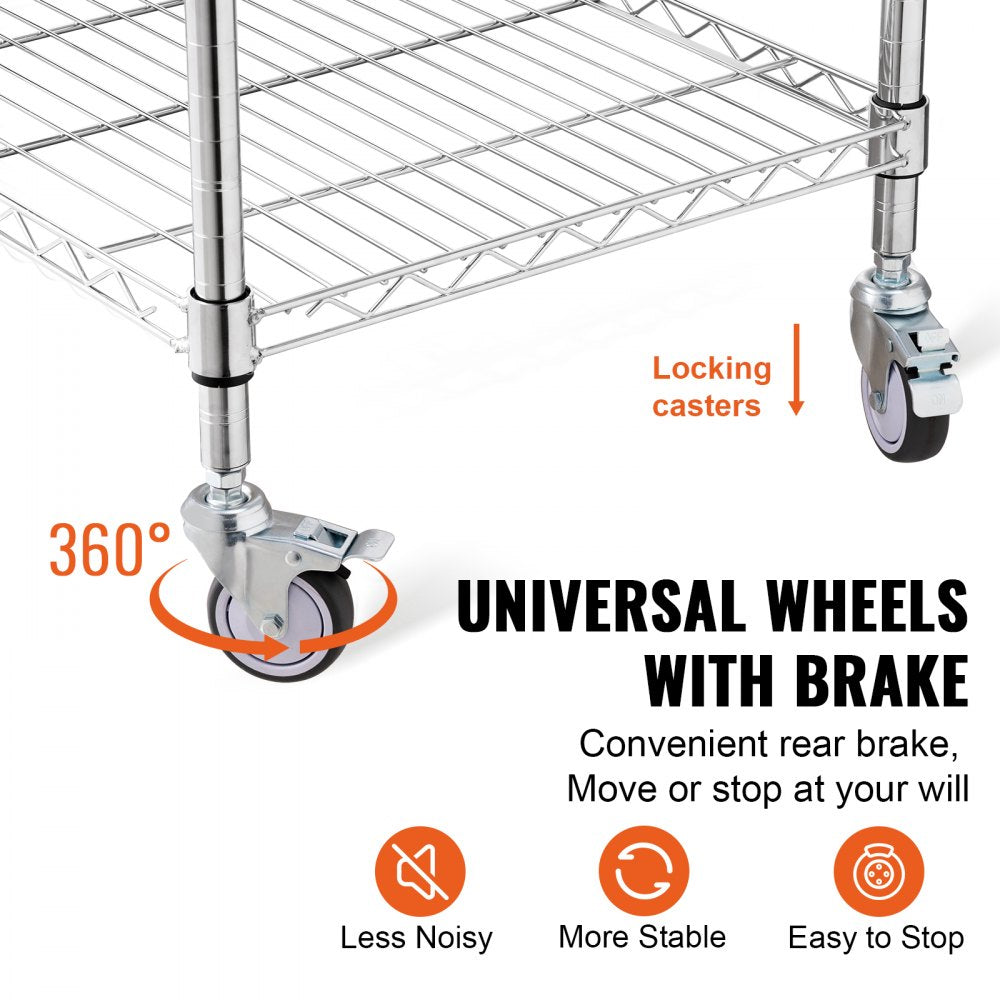 3-Tier Utility Cart Rolling Cart on Wheels 24"x20"x36.6" 470 LBS 6 Hooks