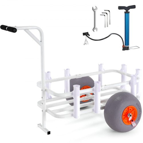 Beach Fishing Cart, 300 lbs Load Capacity, Fish and Marine Cart with Two 13" Big Wheels PU Balloon Tires for Sand, Heavy-Duty Aluminum Pier Wagon Trolley with 8 Rod Holders for Fishing, Picnic