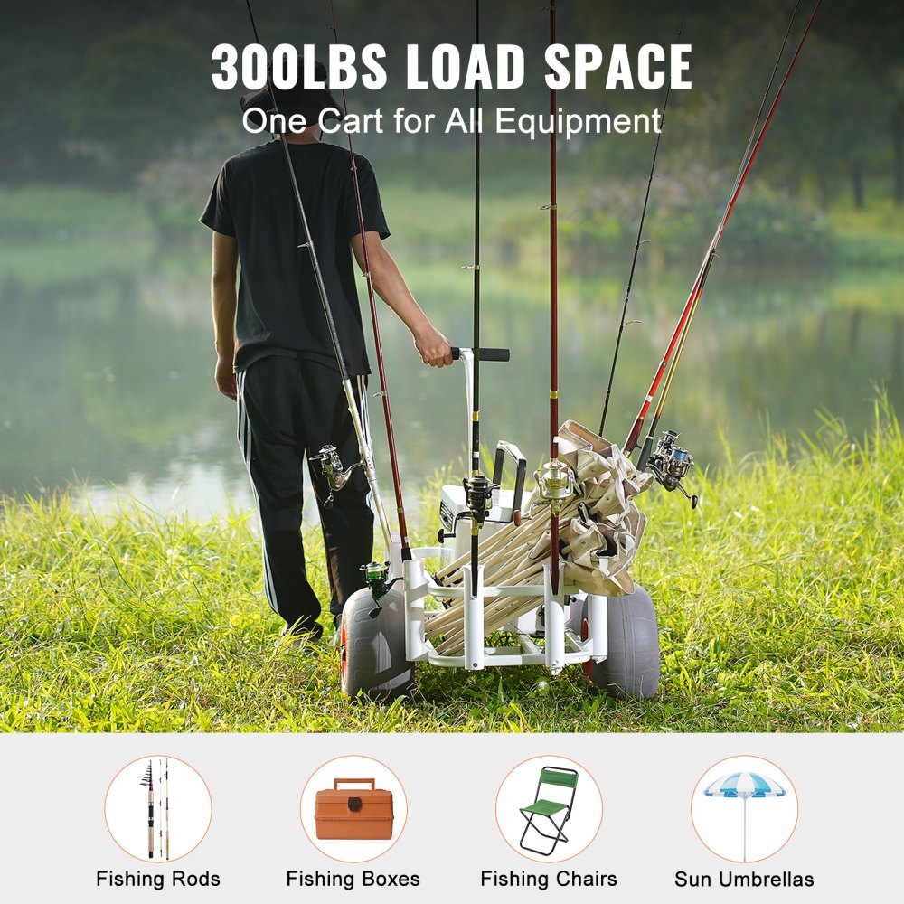 Beach Fishing Cart, 300 lbs Load Capacity, Fish and Marine Cart with Two 13" Big Wheels PU Balloon Tires for Sand, Heavy-Duty Aluminum Pier Wagon Trolley with 8 Rod Holders for Fishing, Picnic