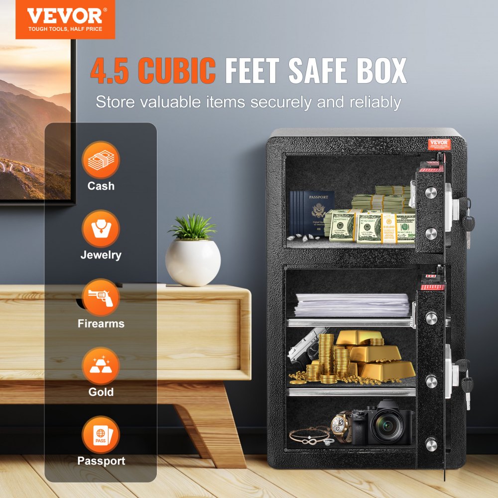 Double Door 4.5 cu.ft Safe Box with Key Lock Password Fireproof Bag Black,organize cash, passports, jewelry, gold, watches and documents