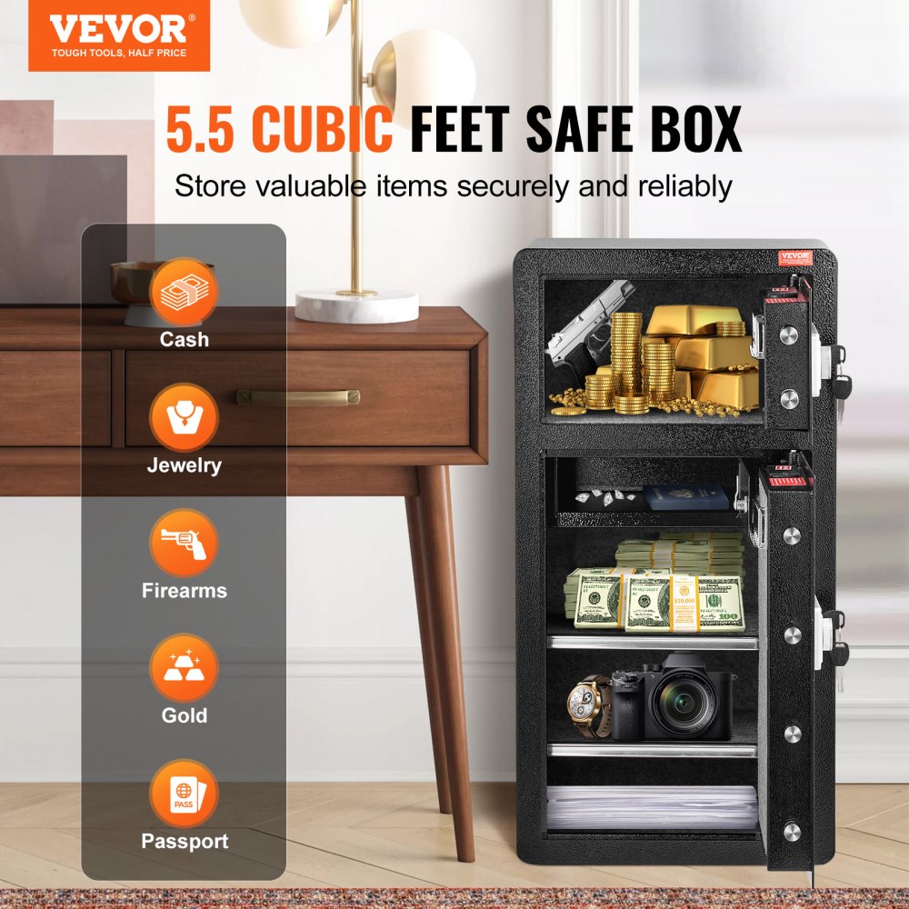 Double Door 5.5 cu.ft Safe Box with Key Lock Password Cabinet Black,organize cash, passports, jewelry, gold, watches and documents