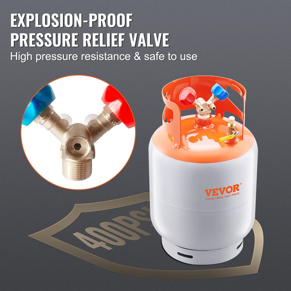 Refrigerant Recovery Tank, 50 LBS Capacity, 400 psi Portable Cylinder Tank with Y-Valve for Liquid/Vapor, High-sealing Recovery Can for R22/R134A/R410A, Orange+Gray