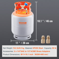 Refrigerant Recovery Tank, 50 LBS Capacity, 400 psi Portable Cylinder Tank with Y-Valve for Liquid/Vapor, High-sealing Recovery Can for R22/R134A/R410A, Orange+Gray