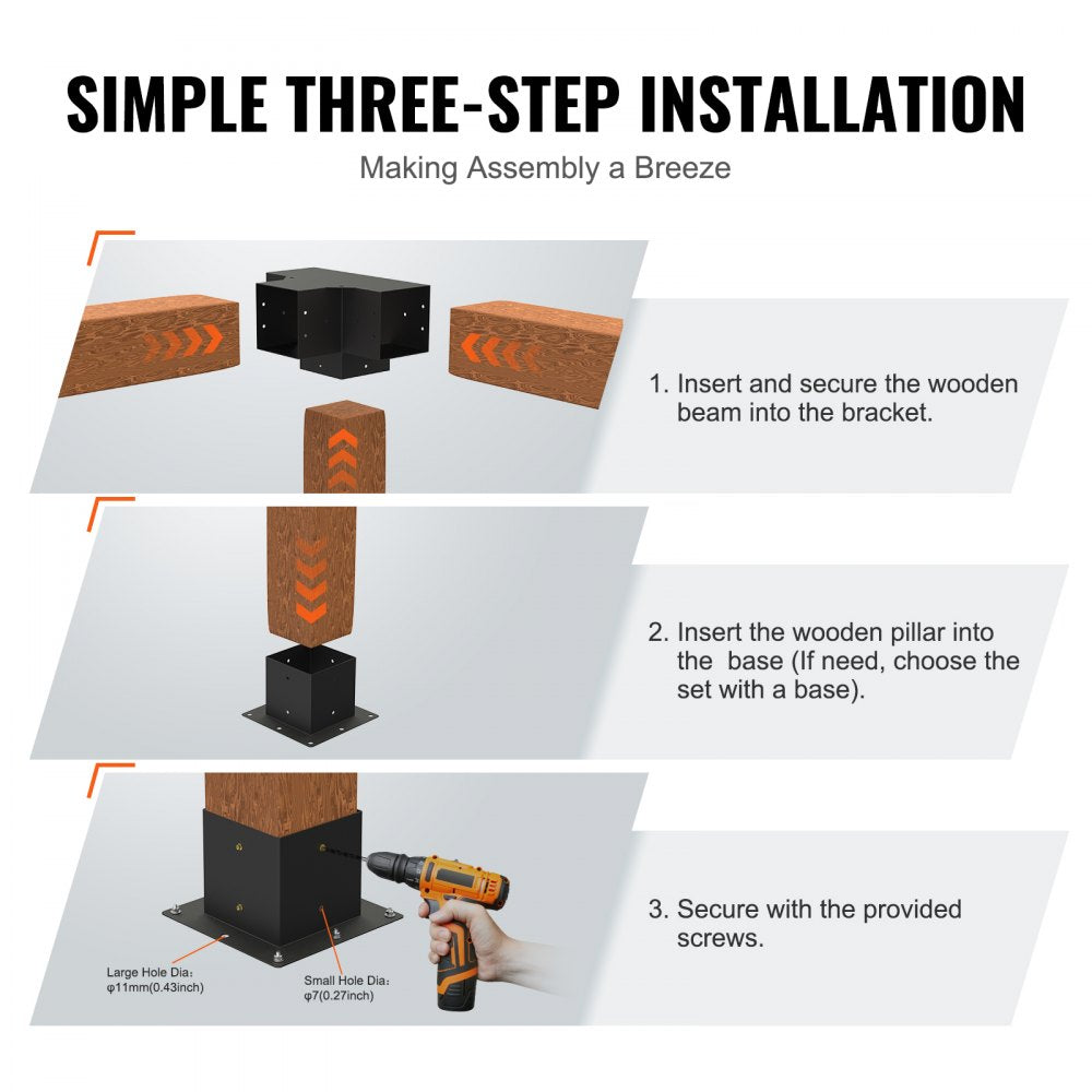 Pergola Bracket Kit 6``x6``, 2pcs 4-Way Heavy Duty Corner Bracket Woodworks DIY Post Base Kit, Easy Installation Wooden Beams for Gazebos, Patio Pergolas, Log Cabin Outdoor Pergola Hardware