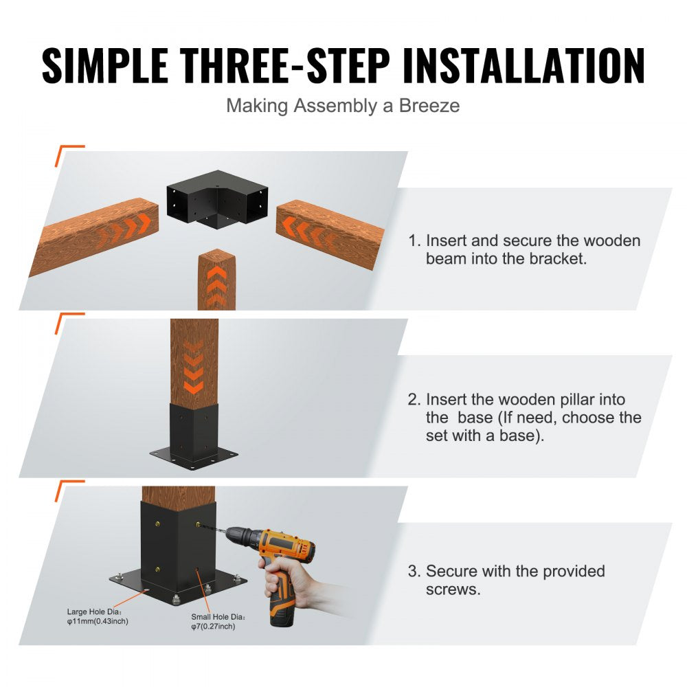 Pergola Bracket Kit 4``x4``, 4pcs 3-Way Heavy Duty Corner Bracket Woodworks DIY Post Base Kit, Easy Installation Wooden Beams for Gazebos, Patio Pergolas, Log Cabin Outdoor Pergola Hardware