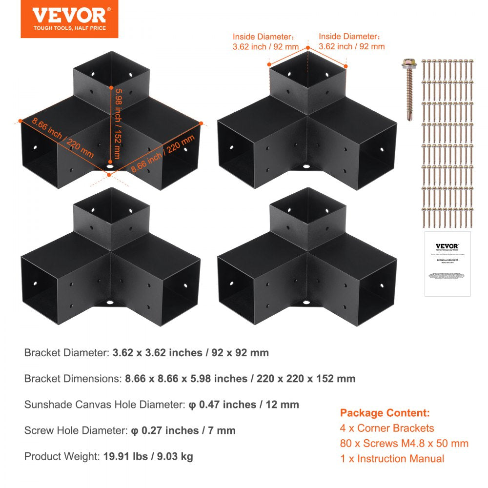 Pergola Bracket Kit 4``x4``, 4pcs 3-Way Heavy Duty Corner Bracket Woodworks DIY Post Base Kit, Easy Installation Wooden Beams for Gazebos, Patio Pergolas, Log Cabin Outdoor Pergola Hardware