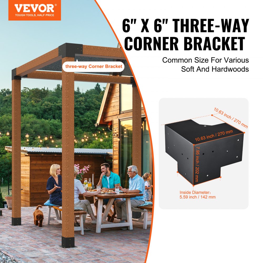 Pergola Bracket Kit 6``x6``, 4pcs 3-Way Heavy Duty Corner Bracket Woodworks DIY Post Base Kit, Easy Installation Wooden Beams for Gazebos, Patio Pergolas, Log Cabin Outdoor Pergola Hardware